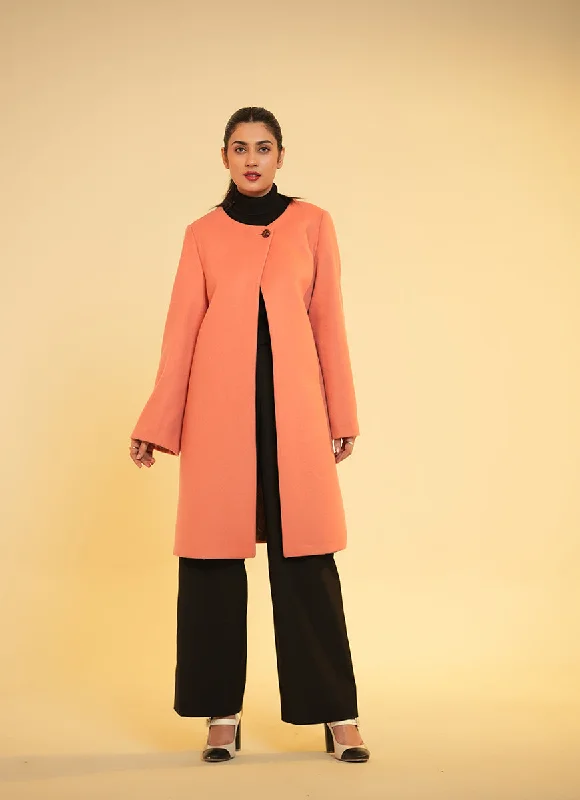 Ladies Open Front Long Coat - Peach Plain