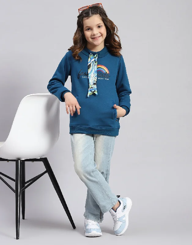 Girls Teal Blue Printed Round Neck Full Sleeve Sweatshirt