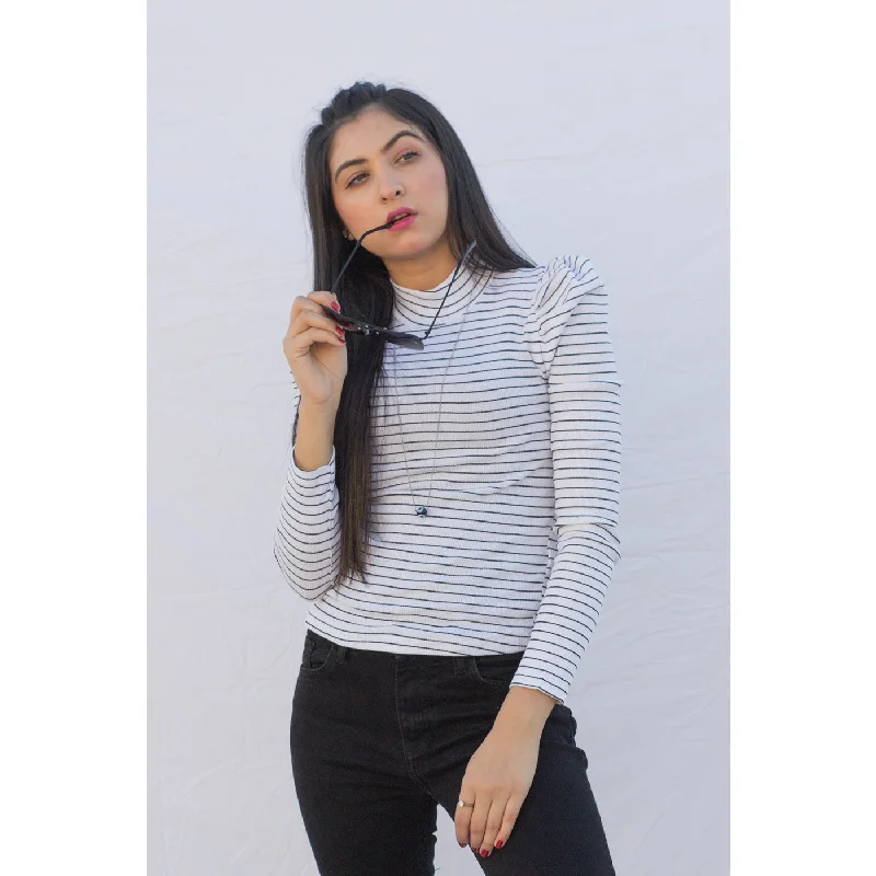 White Stripes Puff Shoulder Turtleneck Top