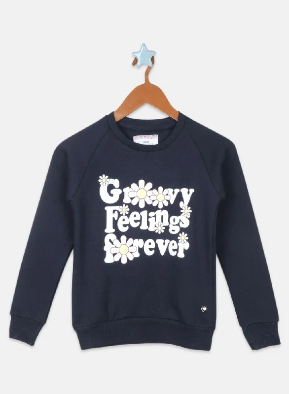 Girls NAvy Blue Printed Sweatshirt