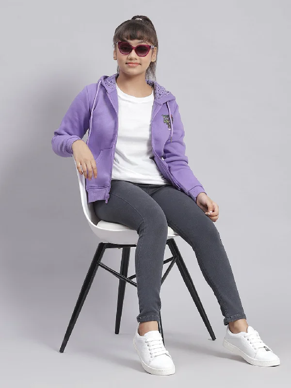 Girls Purple Solid Hooded Full Sleeve Sweatshirt