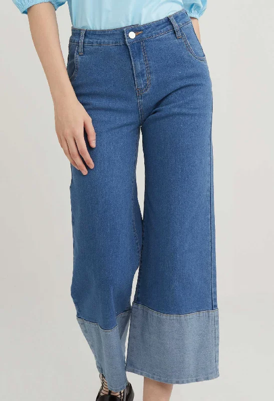 Rolled Hem Straight Cut Denim Trousers