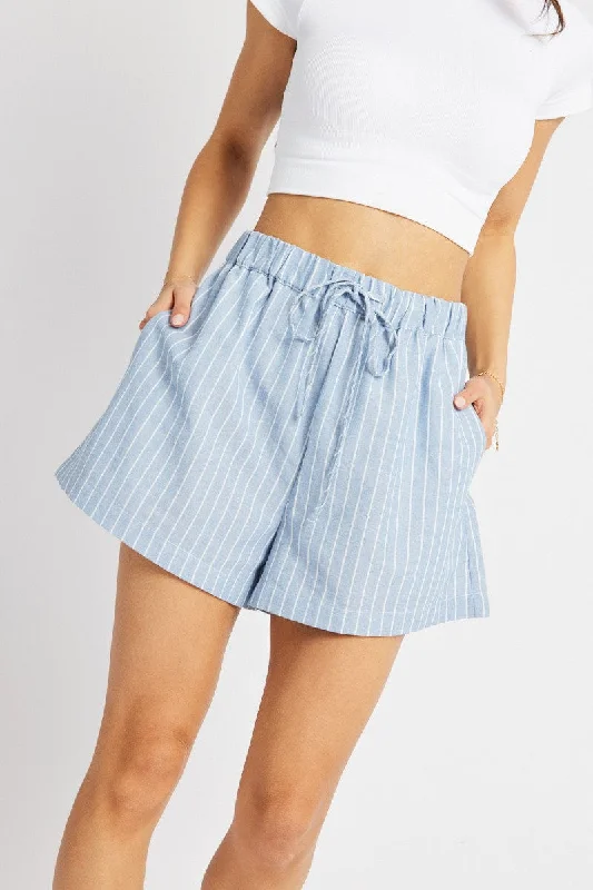 Blue Stripe Relaxed Shorts Mid Rise