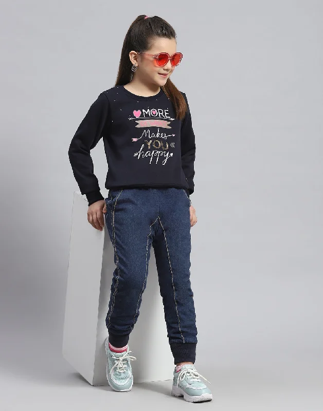 Girls Navy Blue Printed Round Neck Full Sleeve Sweatshirt