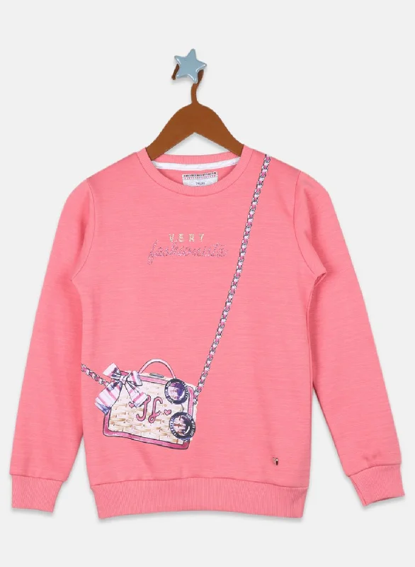 Girls Pink Printed Sweatshirt