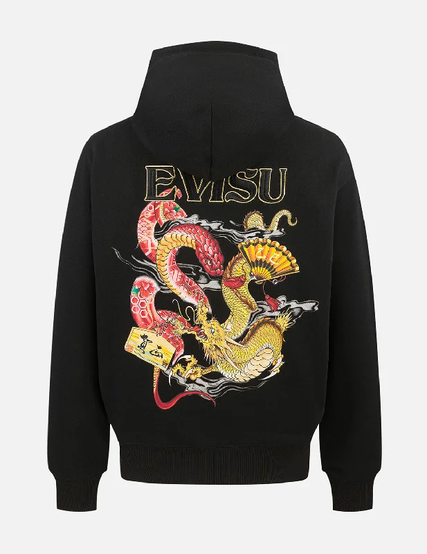 Soaring Snake and Dragon Print Relax Fit Hoodie - Black