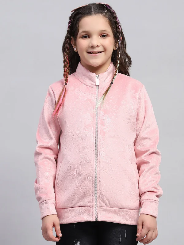 Girls Pink Self Design Mock Neck Full Sleeve Sweatshirt