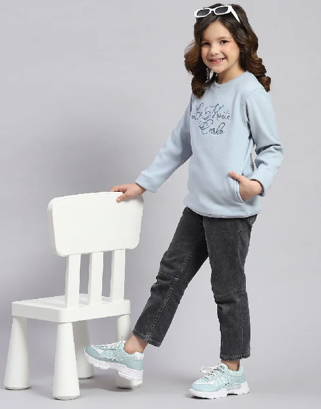 Girls Blue Embroidered Round Neck Full Sleeve Sweatshirt