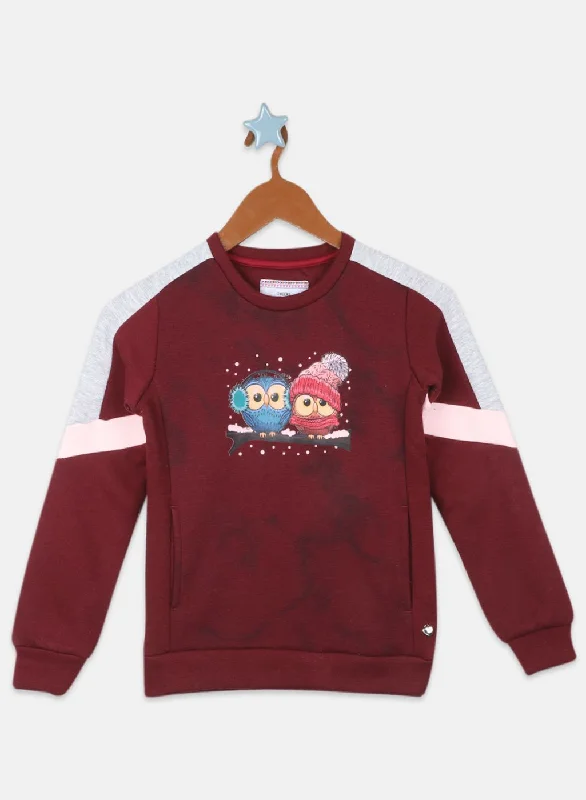 Girls Maroon Printed Sweatshirt