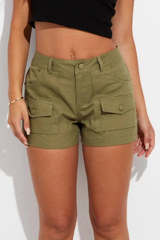 Green Cargo Shorts High Rise