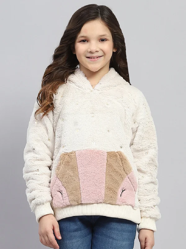 Girls Cream Self Design Hooded Full Sleeve Sweatshirt