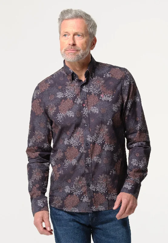 Chemise homme foncée avec fleurs en ton sur ton