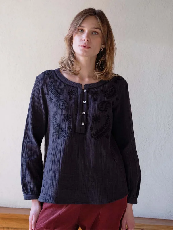 Fara Embroidered Cotton Blouse | Grey