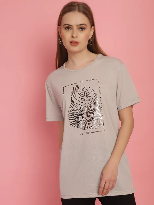 Vimal Jonney Round Neck Cotton Printed Light Grey T-Shirt for Women