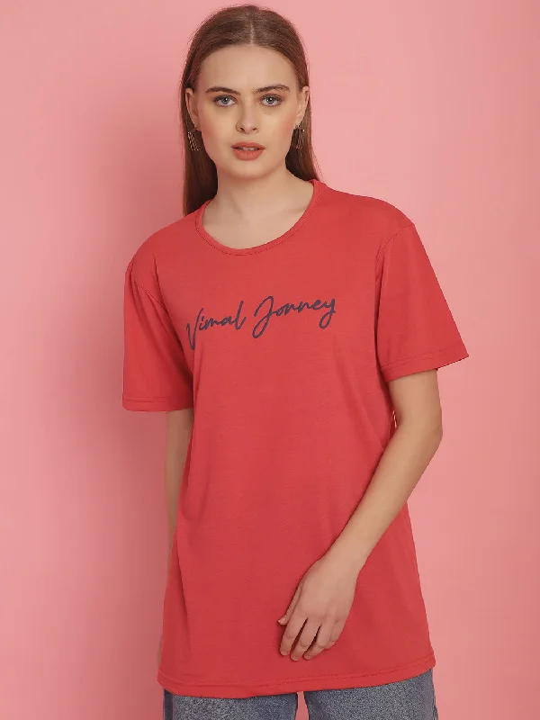 Vimal Jonney Pink Logo Printed Round Neck Cotton Half sleeves Tshirt For Women