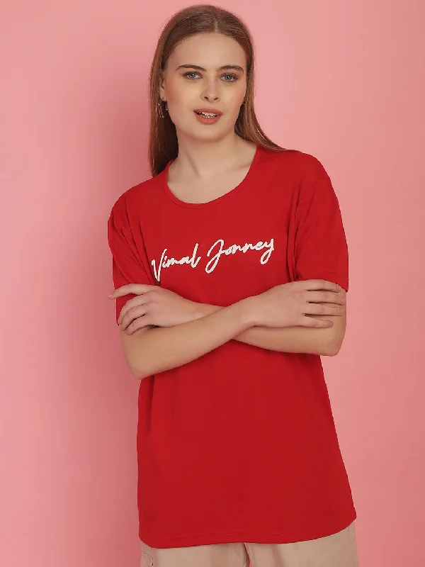 Vimal Jonney Red Logo Printed Round Neck Cotton Half sleeves Tshirt For Women