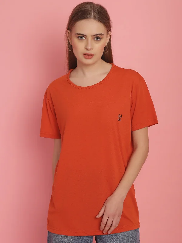 Vimal Jonney Round Neck Cotton Solid Rust T-Shirt for Women