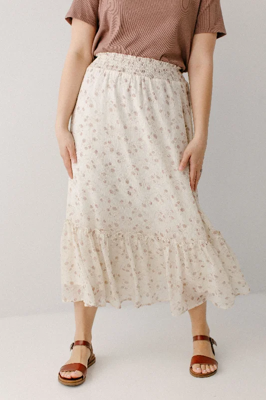 'Anaise' Smocked Waist Floral Chiffon Midi Skirt in Alabaster FINAL SALE