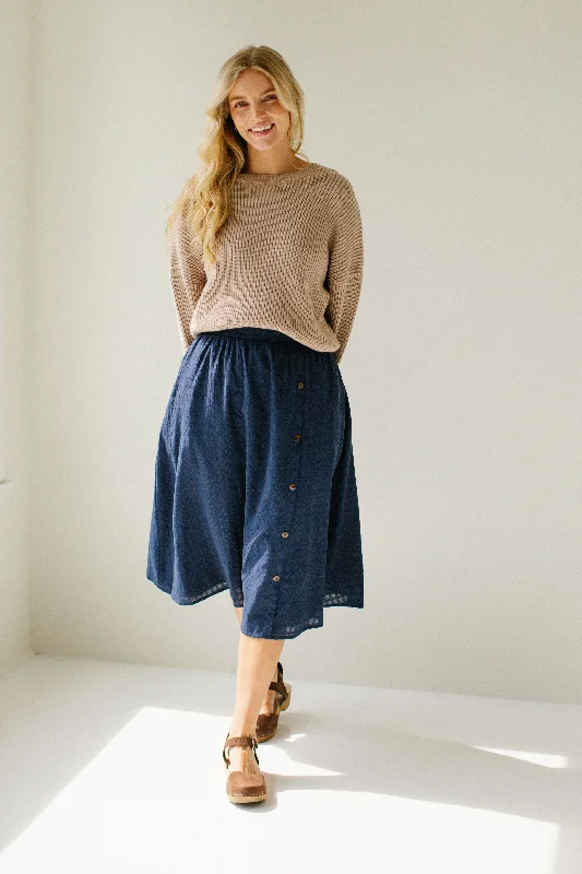 'Reva' Side Button Detail Midi Skirt in Navy FINAL SALE