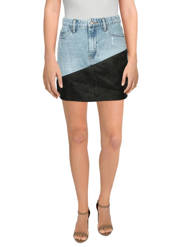 Womens Denim Faux Leather Trim Mini Skirt