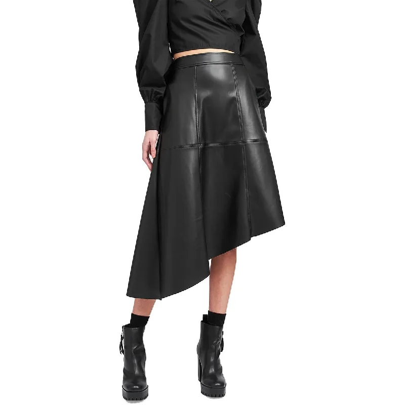 Womens Faux Leather Asymmetric A-Line Skirt