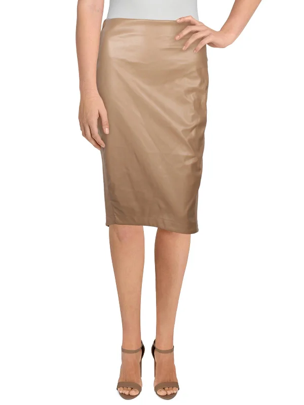 Womens Faux Leather Mixed Media Midi Skirt