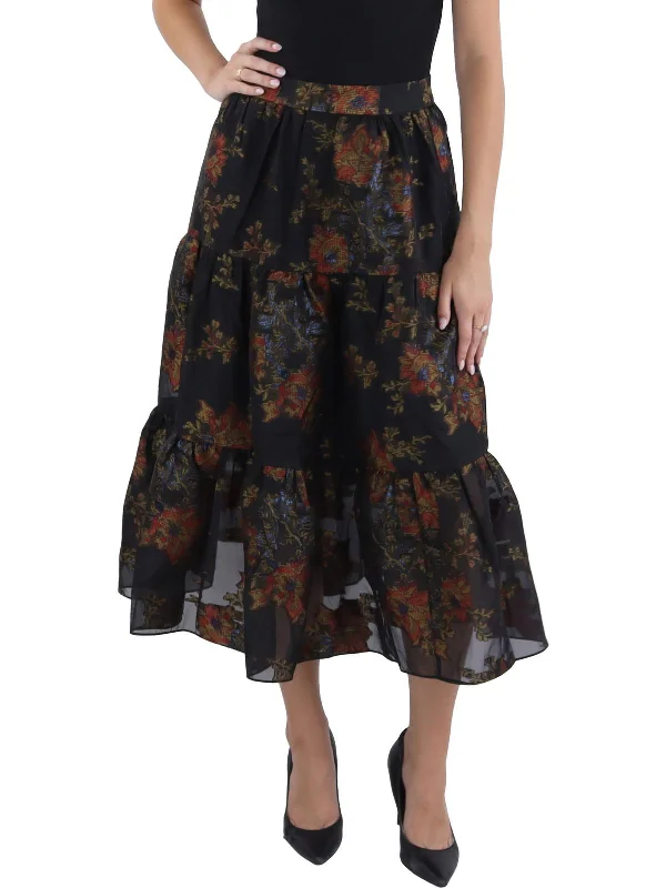 Womens Floral Print Tiered Midi Skirt